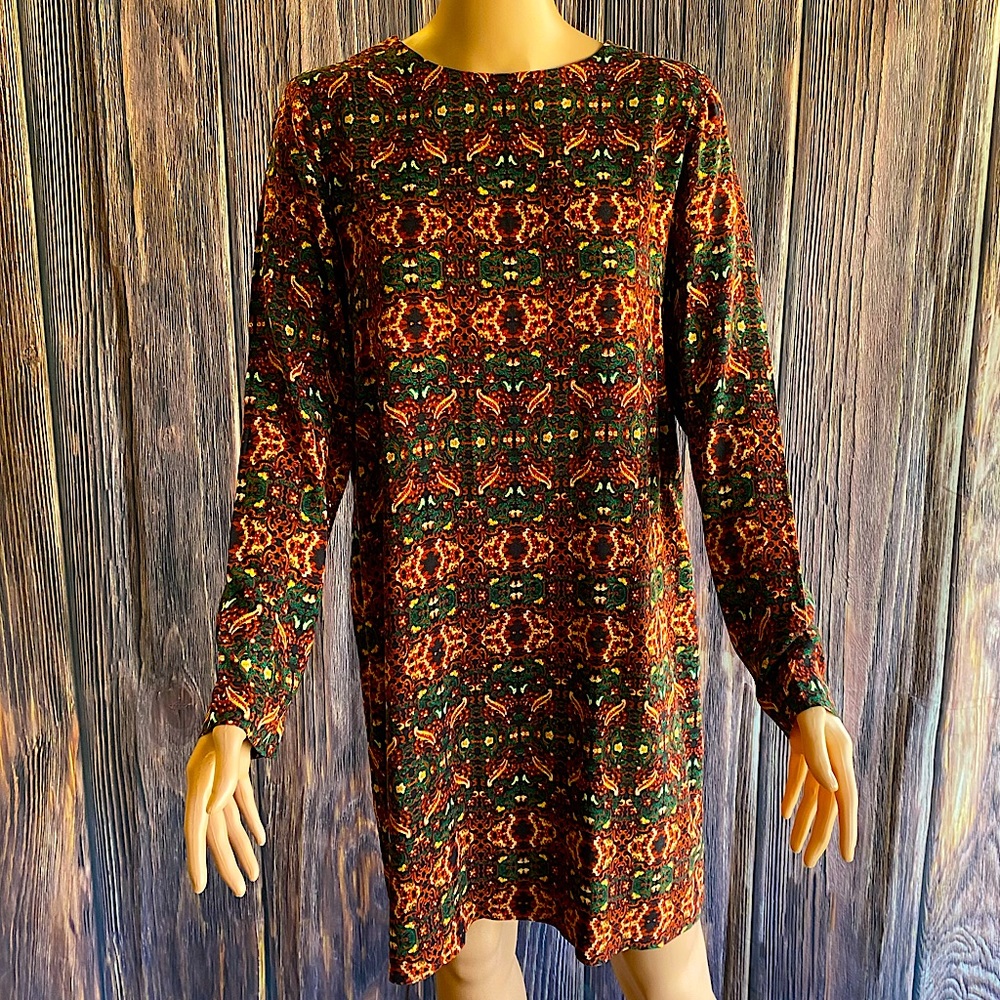 H & M tribal print boho dress sz 10 brown forest green orange long sleeve